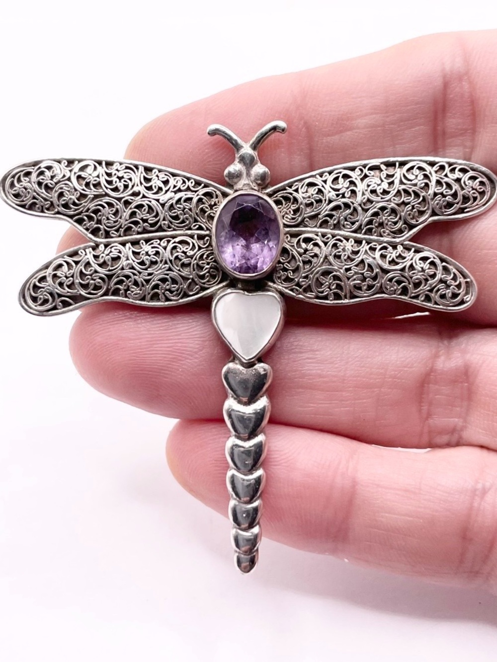 Sterling Silver Dragonfly Brooch with Purple Amethyst Accent - Picture 2 of 9